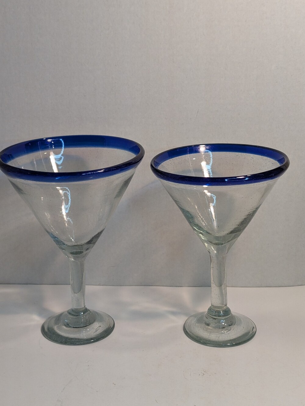 2 Mexican Hand Blown Cobalt Blue Rim Margarita Martini Glasses